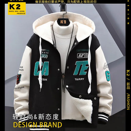 New 2024 Autumn Winter Men's Hooded Fleece Baseball Jackets Casual Warm Plush Coat Youth Streetwear Windproof Thick Padded Parka