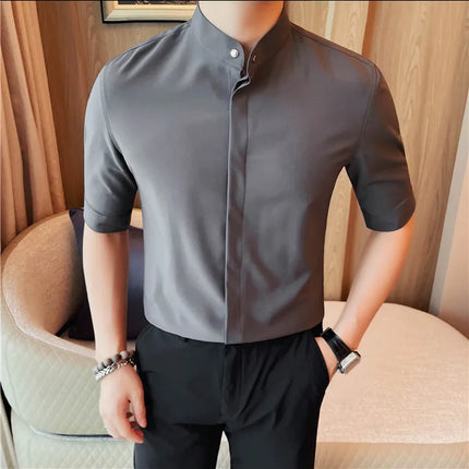 Summer New Standing Collar Half Sleeve Shirts For Men Invisible Button Up Design Slim Casual Business Social Shirt Club Outfits