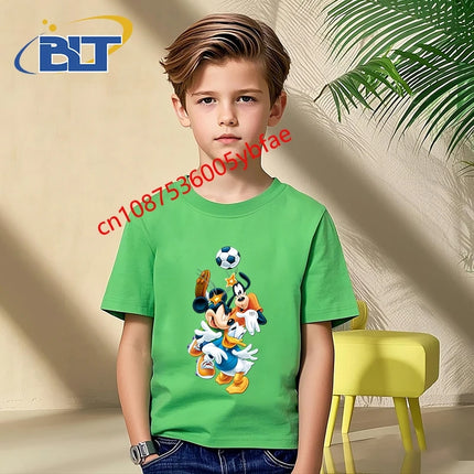 Disney Mickey Mouse and Friends print kids T-shirt pure cotton short-sleeved green top cartoon children's clothing for boys