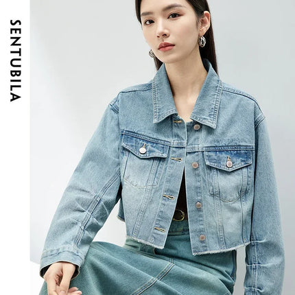 SENTUBILA 100% Cotton Washed Denim Jackets for Women 2025 Spring Casual Loose Turn Down Collar Fashion Short Jacket W41W54341