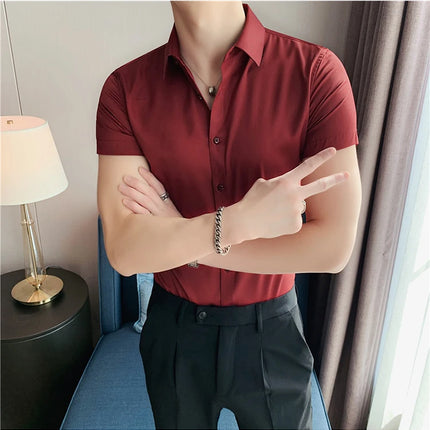 New Summer Men's Short Sleeve Shirt Fashion Business Slim Solid Color Shirt Formal Social Party Casual Dress Men's Clothing 7XL
