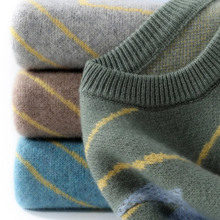 Autumn Winter New 100% Merino Wool Thick Warm Men's Round Neck Sweater Knitted Pullover Contrasting Clothing Long Sleeves coat