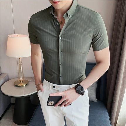 High Quality Pinstripe Casual Shirts  For Men 2024 Summer Slim Fit Business Social Elastic Social Party Shirt Plus Size 4XL-M