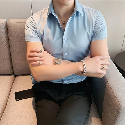 Summer Men Fashion Casual Short Sleeve Solid Shirt Super Slim Fit Male Social Business Dress Shirt Brand Men Casual Dress Blouse