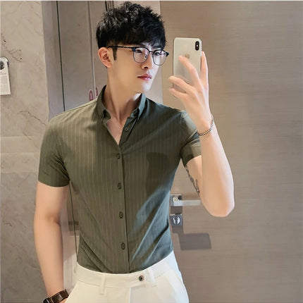 High Quality Pinstripe Casual Shirts  For Men 2024 Summer Slim Fit Business Social Elastic Social Party Shirt Plus Size 4XL-M