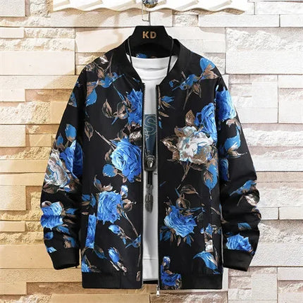 White Men's Embroidered Long Sleeve Jacket, Baseball Collar Casual Coat, Asian Size Black Blue Red Outerwear M-5XL