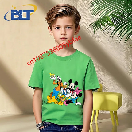 Disney Mickey Mouse and Friends print kids T-shirt pure cotton short-sleeved green top cartoon children's clothing for boys
