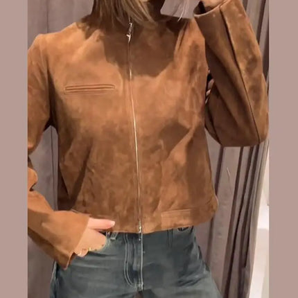 Suede Leather Short Jacket Coat Zipper Stand Collar Vintage Casual Motorcycle Jackets Baggy Front Shoulder Women Outwear Top New