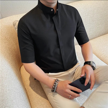 Summer New Standing Collar Half Sleeve Shirts For Men Invisible Button Up Design Slim Casual Business Social Shirt Club Outfits