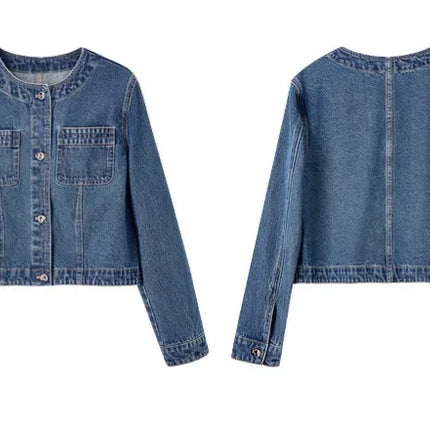 SENTUBILA Pure Cotton Denim Jacket Women 2025 Spring Autumn Outerwear Round Neck Pockets Cropped Jeans Coat Womans W41W53402