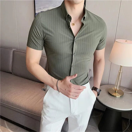 High Quality Pinstripe Casual Shirts  For Men 2024 Summer Slim Fit Business Social Elastic Social Party Shirt Plus Size 4XL-M