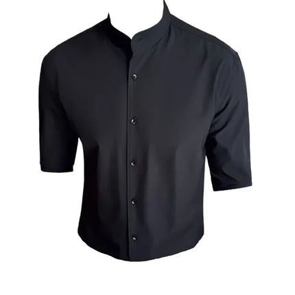 High Quality Chinese Style Stand Up Neck Shirt Men's Summer Mid Sleeved Slim Fit Casual Social Business Blouse Homme 4XL-M