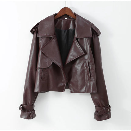 Women Red Wine Leather Short Jackets With Belt Vintage Turndown Collar Long Sleeve Coats 2024 Female Chic Streetwear Cardigan