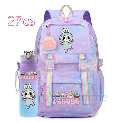 2Pcs/set Cute Cartoon Backpack with 750Ml Outdoor Sports Water Bottle Student Girl Boy Schoolbag Large Capacity Travel Bag Gift