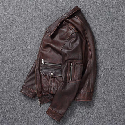 New Men's Genuine Leather Jacket Vintage Stone Milled Top Layer Cowhide Bomber Jacket A2 Brown Men's Calfskin Motorcycle Jacket