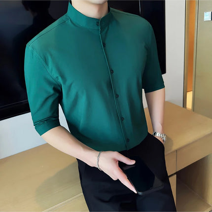 High Quality Chinese Style Stand Up Neck Shirt Men's Summer Mid Sleeved Slim Fit Casual Social Business Blouse Homme 4XL-M