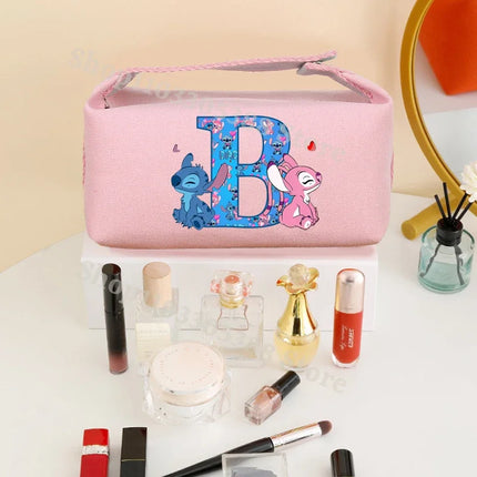Disney Stitch Fashion Makeup Pouch for Women Anime High-capacity Cosmetic Bag Cartoon Letter A-Z Portable Handbag Washing Bags