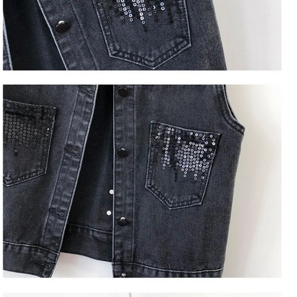 2024 Fashion Design Sequins Denim Vest Summer Autumn Women's Waistcoat Korean Leeveless Denim Jeans Jacket Female Vest Tops