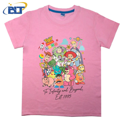 Disney Toy Story Land To Infinity and Beyond 1995 Printed Kids T-shirt Pure Cotton Short Sleeve Cartoon Top for Boys and Girls