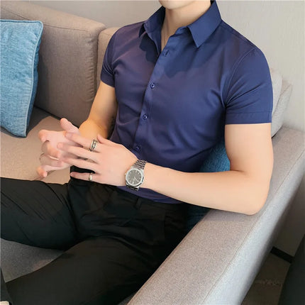 New Summer Men's Short Sleeve Shirt Fashion Business Slim Solid Color Shirt Formal Social Party Casual Dress Men's Clothing 7XL