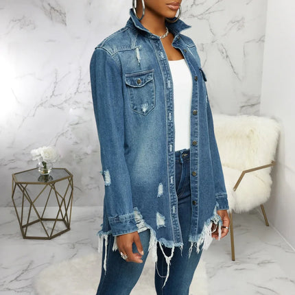 Women Jeans Jackets Spring Summer Ripped Denim Vintage Casual Denim Jacket Long Sleeve Female Chic Coat Streetwear 2024