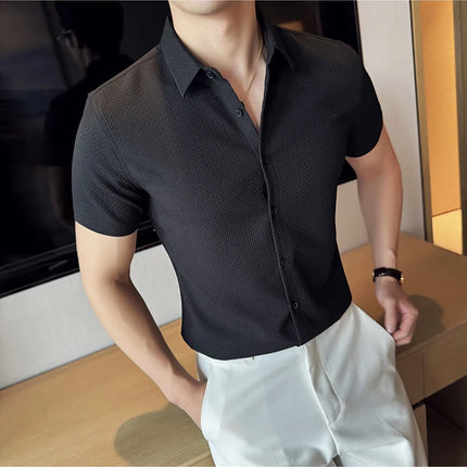 2024 Summer Waffle Shirt Luxury Men's Slim Fit Casual Short Sleeved Business Versatile Dress Shirt Men Clothing Plus Size 4XL-M