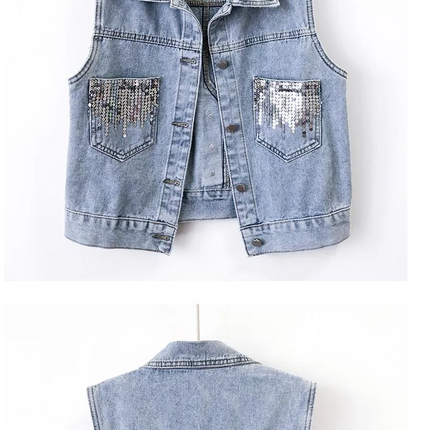2024 Fashion Design Sequins Denim Vest Summer Autumn Women's Waistcoat Korean Leeveless Denim Jeans Jacket Female Vest Tops