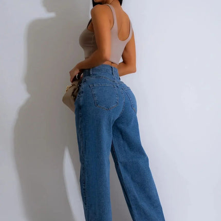 Jeans Women Long Pants Denim Wide Leg Pant Slim Fit Casual Y2k Streetwear Button Pocket High Waist Elegant Straight Trousers
