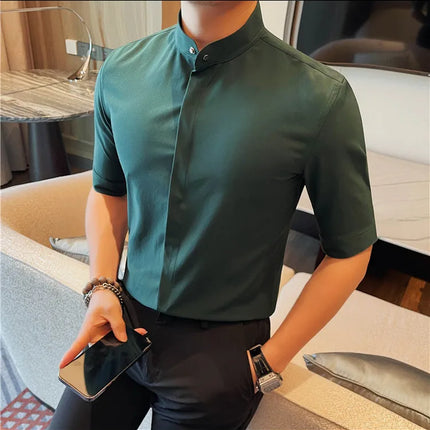Summer New Standing Collar Half Sleeve Shirts For Men Invisible Button Up Design Slim Casual Business Social Shirt Club Outfits