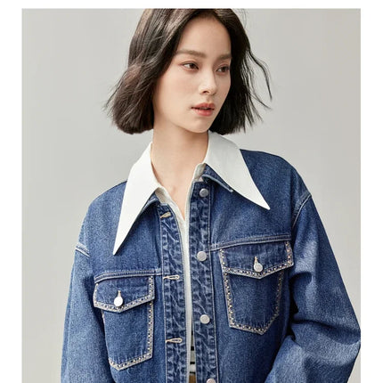 SENTUBILA Embroidery Cotton Denim Jackets for Women 2025 Spring Casual Short Denim Coat Female Long Sleeve Outerwear W43W56028