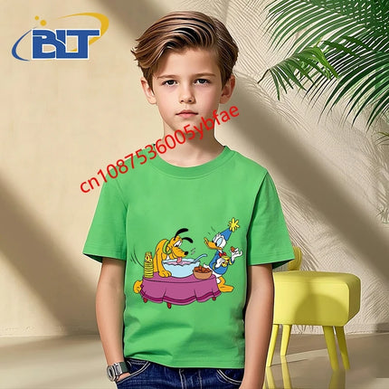 Disney Mickey Mouse and Friends print kids T-shirt pure cotton short-sleeved green top cartoon children's clothing for boys