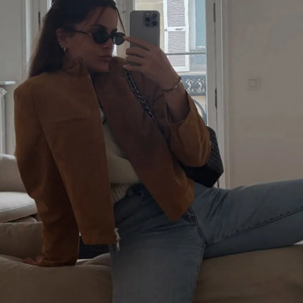 Suede Leather Short Jacket Coat Zipper Stand Collar Vintage Casual Motorcycle Jackets Baggy Front Shoulder Women Outwear Top New