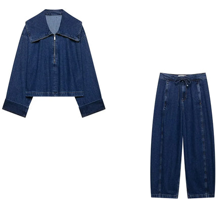 Summer Women's Suit Lace-up High-waisted Jeans Zipper Denim Jacket Top 2025 Casual Pants Set Women's Two Pieces set