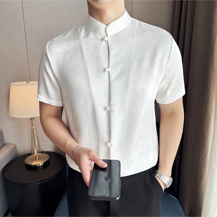 2024 Summer Chinese Style Standing Collar Shirts For Men Fashion Print Short Sleeve Slim Fit Casual Social Party Tuxedo 4XL-M
