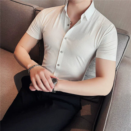 2024 Summer High Elasticity Seamless Short Sleeve Shirts Fashion Stripes Men Business Formal Wear Slim Fit Casual Dress Shirt