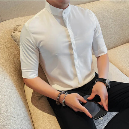 Summer New Standing Collar Half Sleeve Shirts For Men Invisible Button Up Design Slim Casual Business Social Shirt Club Outfits