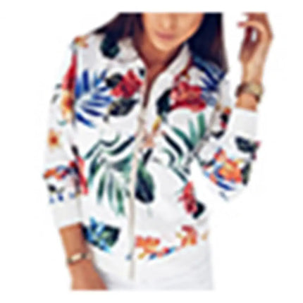 Women Jacket Elegant Flower Leaves Print Sports Women Long Sleeve Baseball Jacket Zip Coat Autumn BomberJackets Women Clothing