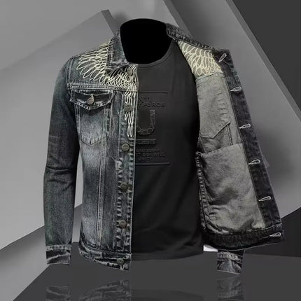Y2K Retro Denim Jacket High Street Trendy Embroidered Lapel Motorcycle Jacket Loose Casual Fashion Versatile Men's Clothing