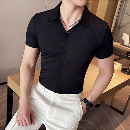 High Elasticity Men's Short Sleeve Shirt Summer Ice Silk Fashion Slim-Fit Business Anti-Wrinkle Shirt High Quality Tops 4XL-M
