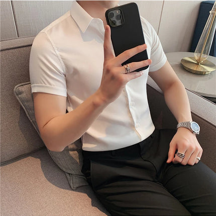 Summer High Quality Striped Ribbon Short Sleeve Shirt Men's Slim Fit Business Formal Wear Blouse Streetwear Plus Size 4XL-M