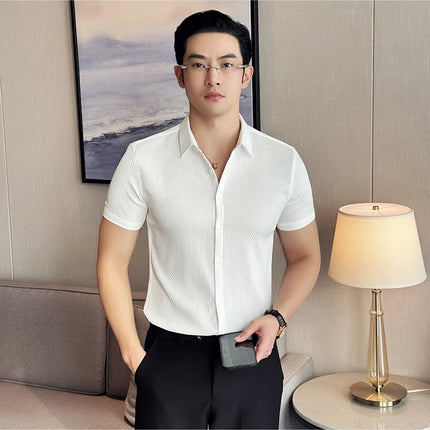 2024 Summer Waffle Shirt Luxury Men's Slim Fit Casual Short Sleeved Business Versatile Dress Shirt Men Clothing Plus Size 4XL-M