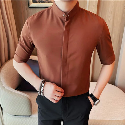 Summer New Standing Collar Half Sleeve Shirts For Men Invisible Button Up Design Slim Casual Business Social Shirt Club Outfits