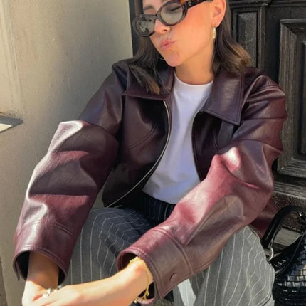 Women Red Wine Leather Short Jackets With Belt Vintage Turndown Collar Long Sleeve Coats 2024 Female Chic Streetwear Cardigan