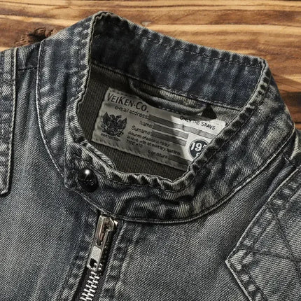 Luxury retro standing collar denim jacket for men's spring and autumn trendy brand loose oversized motorcycle jacket cotton