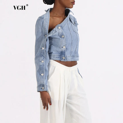 VGH Streetwear Spliced Button Chic Denim Jacket for Women Diagonal Collar Long Sleeve Patchwork Pockets Slim Short Coat Female