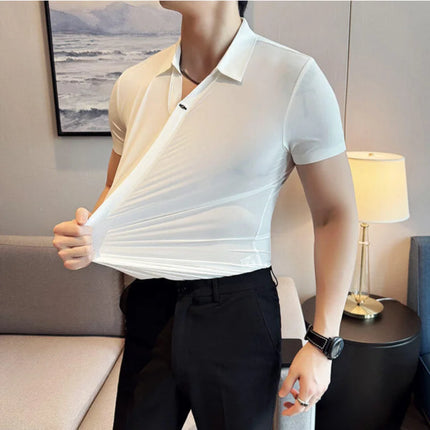 High Elasticity Men's Short Sleeve Shirt Summer Ice Silk Fashion Slim-Fit Business Anti-Wrinkle Shirt High Quality Tops 4XL-M