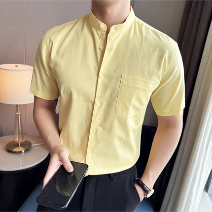 Summer New Chinese Style Linen Cotton Shirts Men's Standing Collar Short Sleeved Thin Breathable Shirt Tops Streetwear 4XL-M
