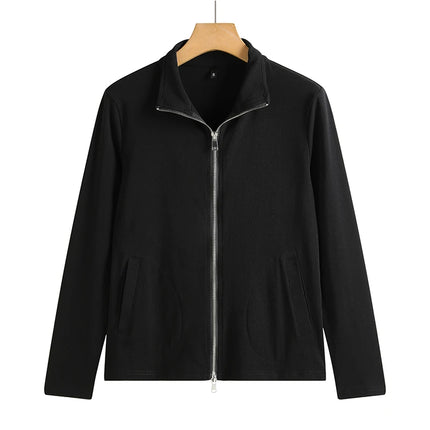 New Women's Zippered Stand Collar Jacket Slim Fit Long Sleeve Cotton Solid Color Casual Outerwear