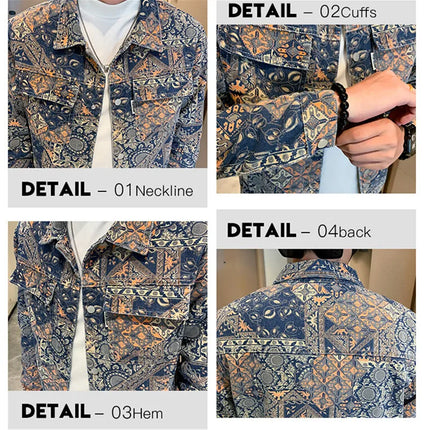 Men's Printed Denim Jacket in Red, Single Breasted Square Collar Coat, White Blue Trim, Asian Size M-4XL