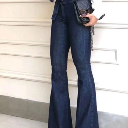 Women Jeans Solid Color High Waist Flare Pants Zipper Fly Flat Pockets Streetwear Slim Patchwork Button Slight Strech Belt